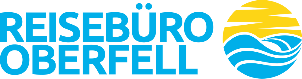 Das Bild zeigt das Logo des „Reisebüro Oberfell“. Im Logo präsentiert sich eine kunstvolle Kombination aus Sonne und Flugzeug, begleitet von Wellen, die Meere oder Ozeane darstellen. Diese Elemente symbolisieren Reisen und Urlaubsflair. Das gesamte Design transportiert die Vorstellung von Freizeit-, Ferien- und Entdeckungsreisen zu neuen Destinationen.